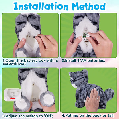 Pattern Gray Robotic Cat Toy for Kid That Move and Meow Purrs Touch Control Kitten Toys Animated Realistic Kitty Toys Kitten Robot Toy for Halloween Birthday H:12"