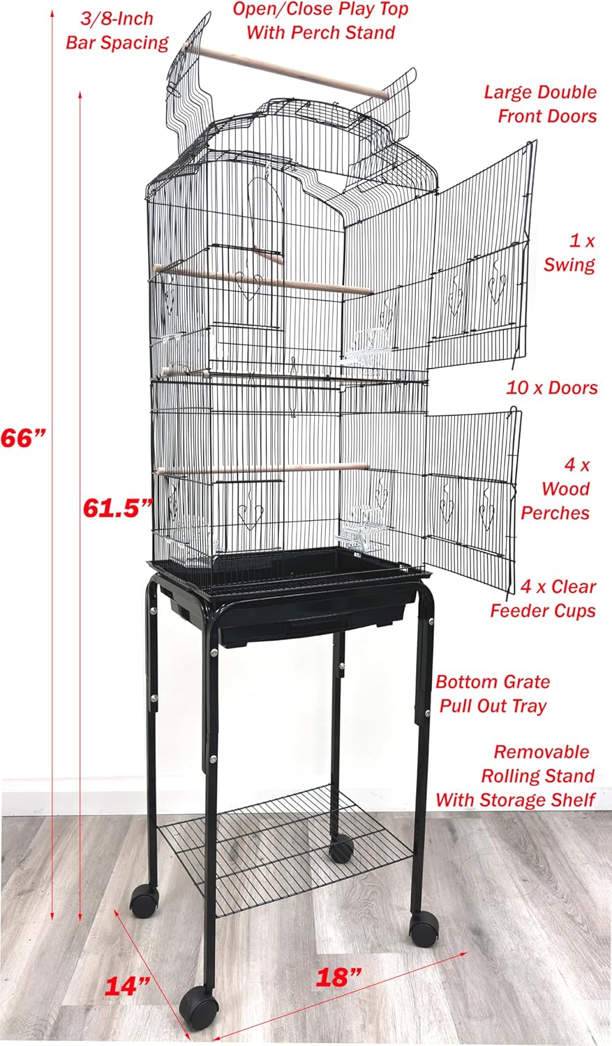65-Inch Large Flight Bird Cage with Toys and 10-Step Play Ladder for Cockatiel Parakeet Finch Budgie Lovebird Canary Finch Pet Bird Cage with Rolling Removable Rolling Stand