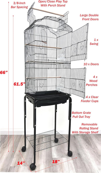 65-Inch Large Flight Bird Cage with Toys and 10-Step Play Ladder for Cockatiel Parakeet Finch Budgie Lovebird Canary Finch Pet Bird Cage with Rolling Removable Rolling Stand