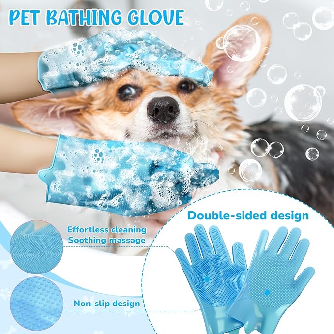 Dog Grooming Kit for Shedding – 8-Piece Pet Grooming Supplies with Deshedding Brush, Bath Gloves, Towels & Silicone Toothbrush | Ideal for Dogs, Cats, Small and Large Pets (Blue)