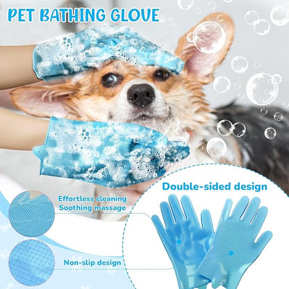 Dog Grooming Kit for Shedding – 8-Piece Pet Grooming Supplies with Deshedding Brush, Bath Gloves, Towels & Silicone Toothbrush | Ideal for Dogs, Cats, Small and Large Pets (Blue)