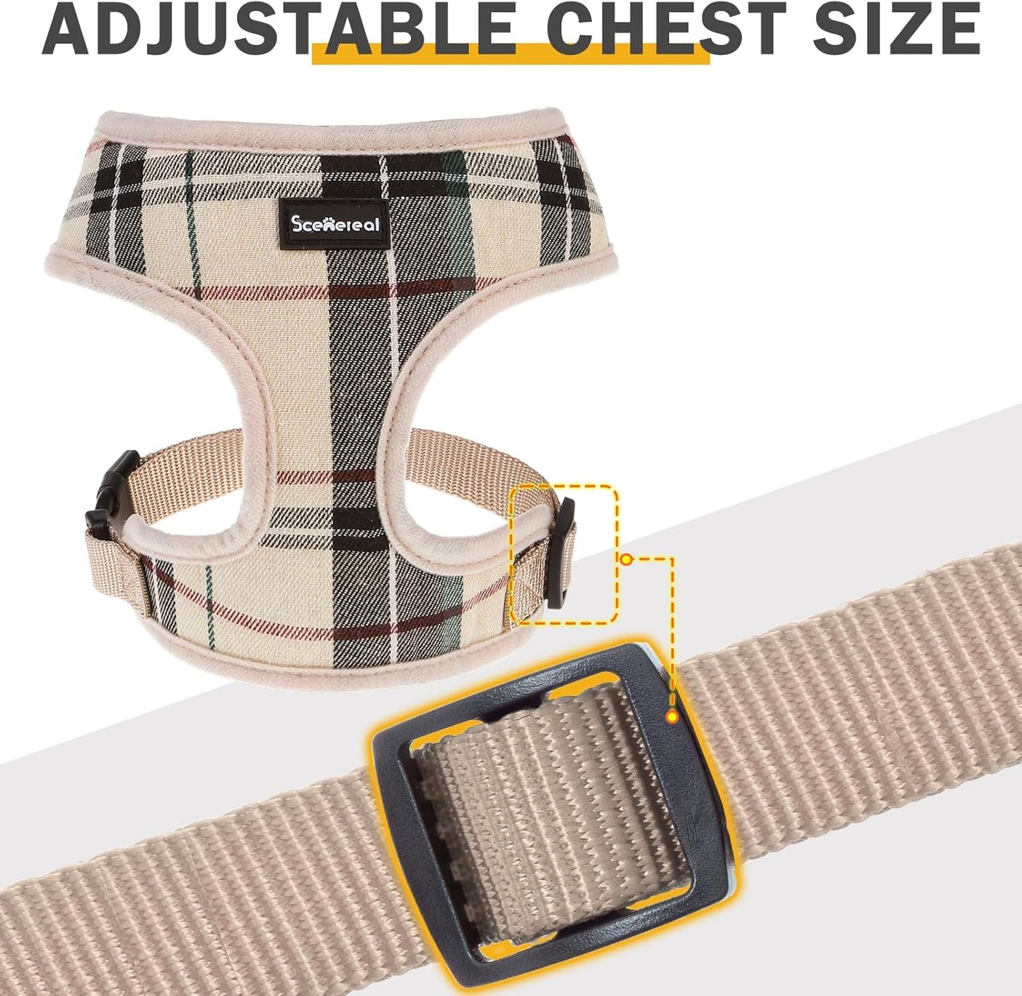 SCENEREAL Puppy Dog Harness with Leash Set for Small Medium Sized Dogs, Soft Mesh Step in Pet Harnesses and Leash, No Chock Plaid Adjustable No Pull Vest for Dogs Cats, Chihuahua,Bulldog (Beige S)
