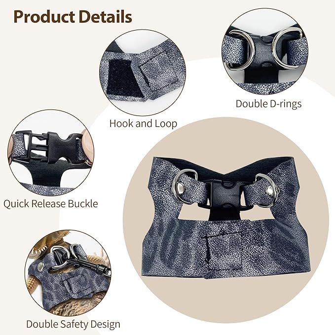 AIITLE 3 Pack Adjustable Bearded Dragon Harness and Leash Set - Leopard Print, Comfort Soft Leather Vest for Lizards, Iguanas, Guinea Pigs, Outdoor Camping & Walking, Blue