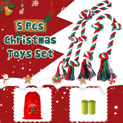 Heavy Duty Christmas Dog Rope Toys for Aggressive Chewers- Tough Tug of War & Chew Toys for Large, Medium & Small Dogs, 5 Pack Including 2 Ropes & 3 Supplies