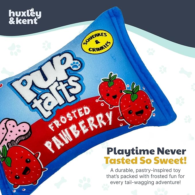 Huxley & Kent Funny Dog Toy w/Squeaker – Power Plush Squeaky Dog Toys for Small, Medium & Large Dogs – Soft Stuffed Animal for Indoor Play & Fetch - Pup-Tarts Frosted Pawberry, Small