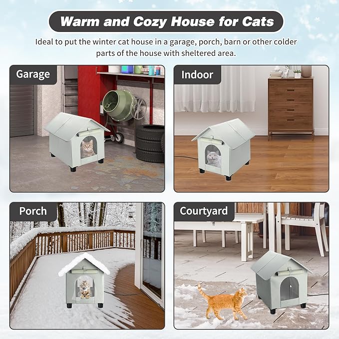 BWOGUE Elevated Heated Cat House for Outdoor Cats in Winter, Waterproof & Insulated Feral Cat Shelter for Outside Cats,Weatherproof Feral Cat House for Outside(Grey)