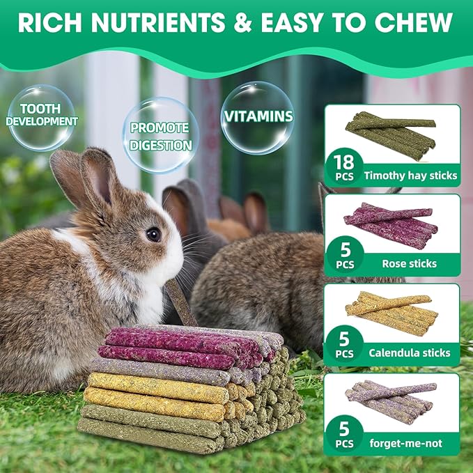 33 Pcs Rabbit Chew Sticks, Rabbit, Guinea Pig Toys, Natural Timothy Grass Molar Teeth Stick, Mixing Natural Flowers Chewing Toy, Small Animals Treats