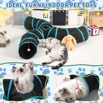 Pet Cat Tunnel, Angled 3-Way Junction Tunnels for Indoor Cats, Collapsible Pet Tunnel for Kitten, Puppy, Rabbit, 25cm-Wide Tunnels, Durable & Breathable, with Peek Hole Toy Ball