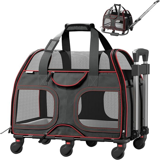 TSA and Airline Approved Pet Carrier with Wheels Katziela Luxury Rider for Dogs Cats Removable Base Flexible Top to Fit Under Seat Rolling Travel Bag (Black/Red)
