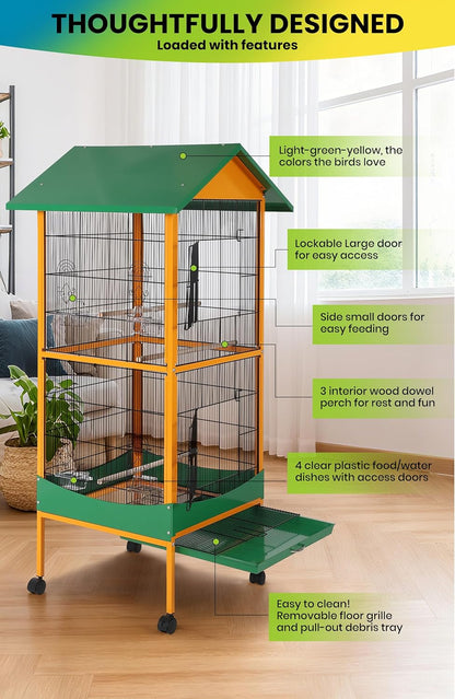 Garvee Bird cage, 66''H Extra Large Bird Cage, w/Removeble Tray, Waterproof Roof, Easy to Clean, Lockable Caster, Indoor& Outdoor Application for Conure,Macaw,Budgie,Cockatiel,Lovebirds,Parakeet