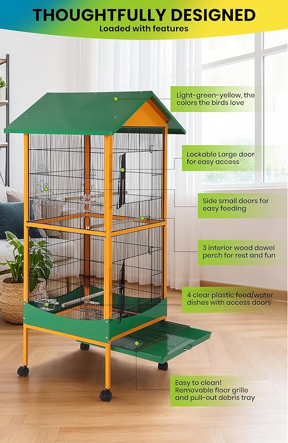 Garvee Bird cage, 66''H Extra Large Bird Cage, w/Removeble Tray, Waterproof Roof, Easy to Clean, Lockable Caster, Indoor& Outdoor Application for Conure,Macaw,Budgie,Cockatiel,Lovebirds,Parakeet