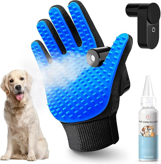 Pet Hair Remover Glove - Cat＆Dog Brush,Gentle Deshedding Efficient - Perfect for Dogs, Cats, Rabbits & Horses with Long/Short/Curly Hair,Includes Sprayer＆Waterless Shampoo (Right Hand, 1 Piece, Blue)