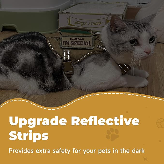 Tactical Cat Harness Adjustable Soft Padded Training Walking Esacpe Cat Vest Harness No-Pull Pet Harness Reflective with Easy Control Handle (Khaki, XL)