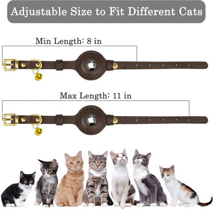 OOPSDOGGY Leather AirTag Cat Collar with Bell - Non Breakaway Kitten Collar with Apple Air Tag Holder - Lightweight GPS Pet Collars for Girl Boy Cats, Small Dogs, Puppies (Dark Brown)