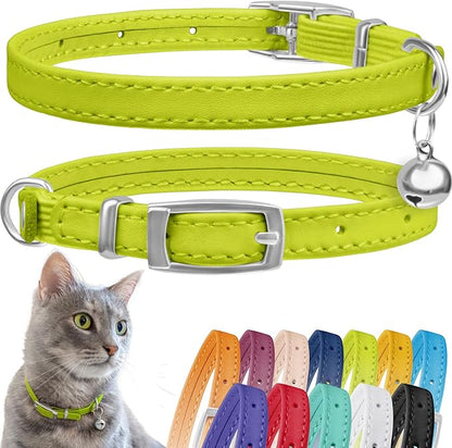 CollarDirect Leather Cat Collar with Bell - Kitten Collar, Small and Big Cat Collar for Boy Cats, Girl Cats with Safety Elastic Strap (Neck Fit 8"-11", Lime Green)