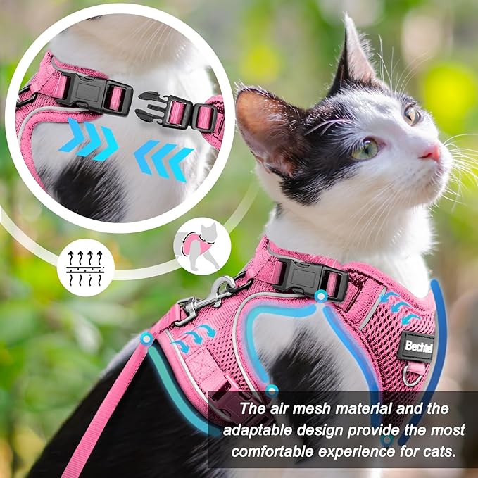 Cat Harness and Leash for Walking, The Upgrade Can be Adjusted in Four Directions and Breathable Cat Harness for Anti Escape That can be Fitted and Positioned, Reflective Strips Harness, Pink,M