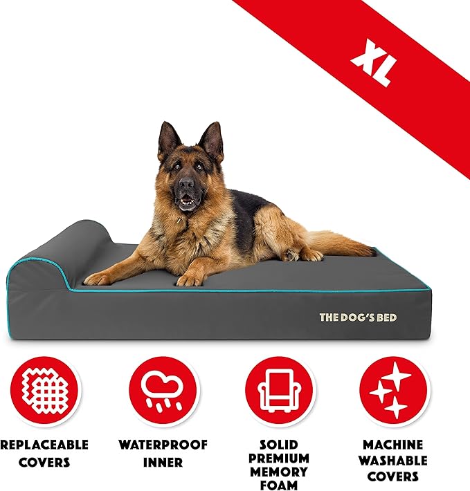 The Dog’s Bed Orthopedic Headrest Dog Bed XL Grey/Blue, Memory Foam, Pain Relief for Arthritis, Hip & Elbow Dysplasia, Post Surgery, Lameness, Waterproof Washable Cover