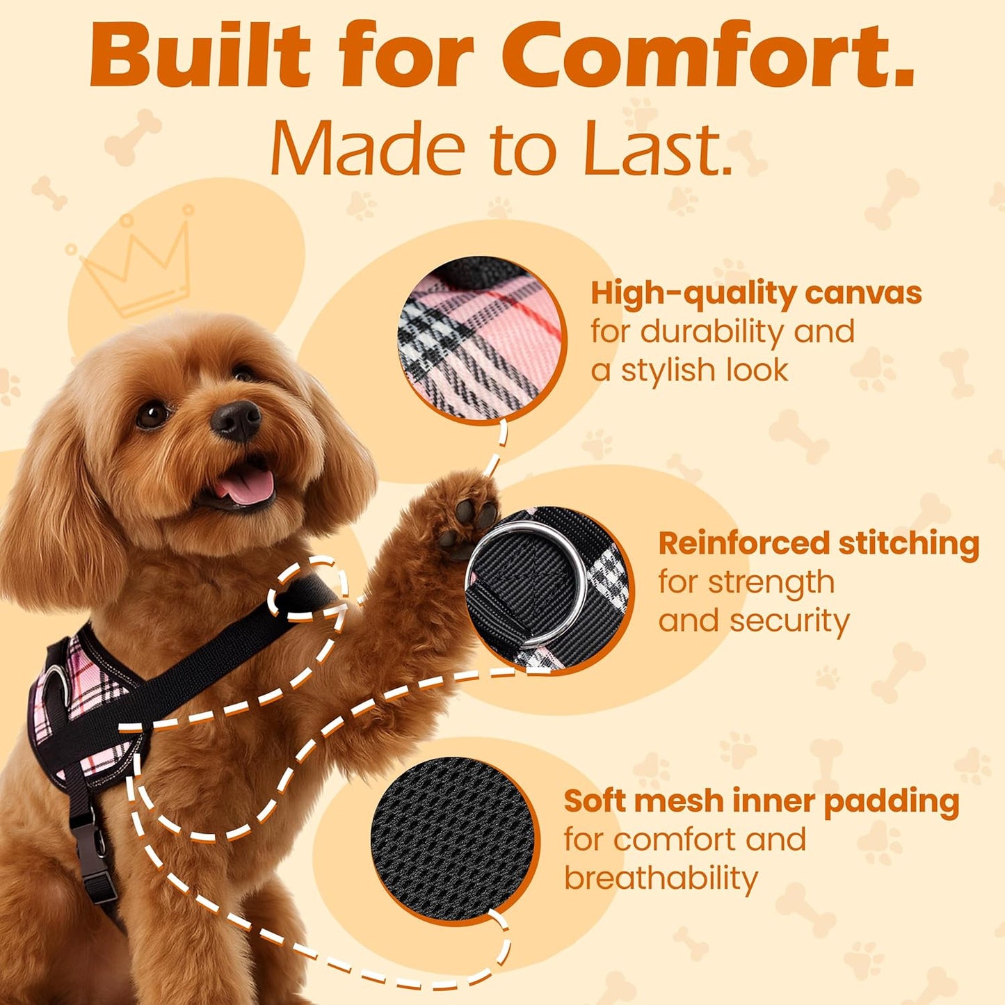 Bark Appeal Pink Plaid No-Pull Dog Harness for Medium to Large Sized Pets – Adjustable, Reflective Vest with 3 Leash Clips for Added Control, Easy Walks & Training – Large