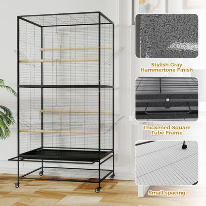 66 Inch Large Bird Cage Metal Parrot Cage with Storage Shelf for Mid-Sized Parrots Cockatiels Conures Parakeets Lovebirds Budgie Finch Black