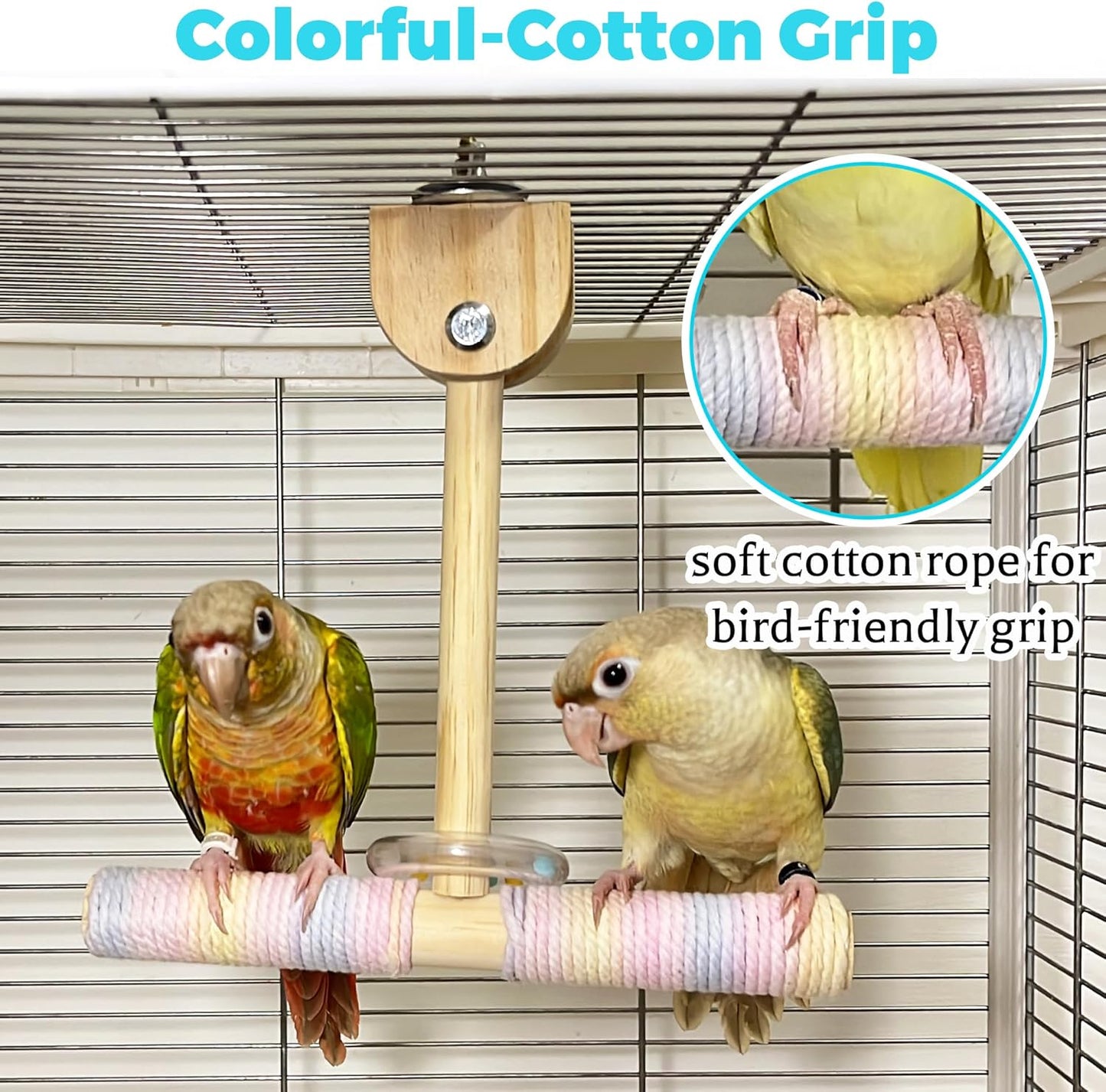 Bird Swing Toys with Rustling Sound, Colorful Cotton Rope Perch for Parrots' Soft Grip, Wooden Parakeet Swing Perch for Balance Training, Swaying Bird Cage Toys for Budgie Cockatiel Lovebird