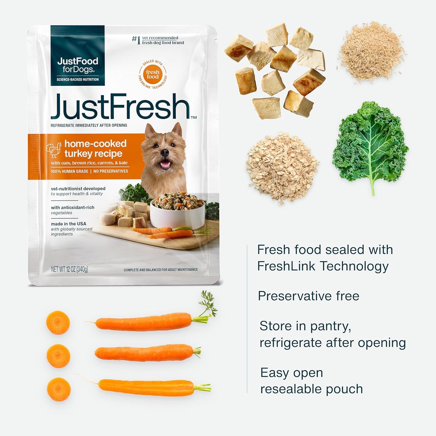 JustFoodForDogs JustFresh Wet Dog Food, Fresh Pet Meals and Toppers with No Preservatives, Resealable Package, Human Grade, Home-Cooked Turkey, 12 oz - 7 Pack