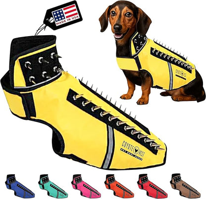 CoyoteVest SpikeVest Dog Harness Vest for Small Dogs, Reflective Dog Vest with Spikes to Shield Your pet from Coyotes, Raptor and Animal Attacks, Anti Hawk Vest, Made in USA (M-Yellow)