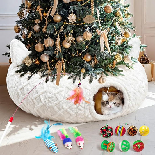 OurWarm Large Cat Tunnel Bed for Indoor Cats with Soft Cushion & Cat Toys, Round Under Tree Cats Donut Tunnel Christmas Tree Skirt, White Plush Pet Peekaboo Cave for Kitten/Puppy/Rabbit to Play