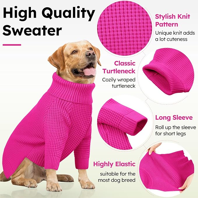 Queenmore Small Dog Sweater, Long Sleeve KnitSweater with Check Pattern, Warm Plaid Doggie Sweaters for Small Medium Dogs, Solid Pull-on Cat Knitwear, Fuchsia S