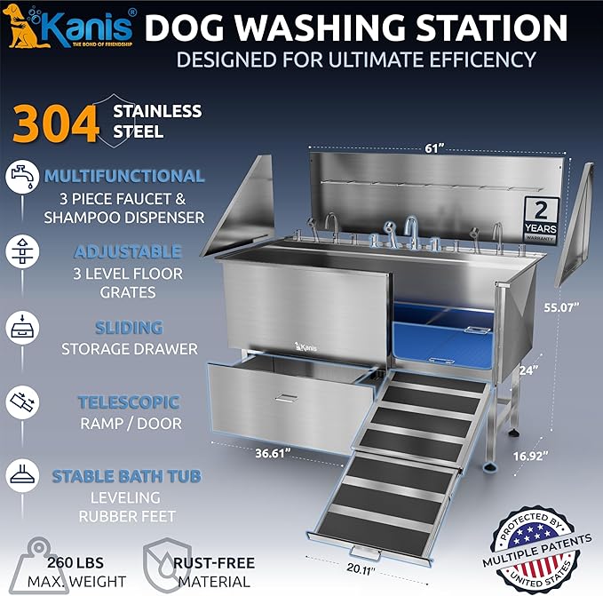 KANIS Professional Dog Washing Station - 304 Stainless Steel Pet Wash Sink & Grooming Bathtub w/Shower, Floor Grates and Storage for Large, Medium & Small Pets (61", 1 Drawer - Right Ramp)
