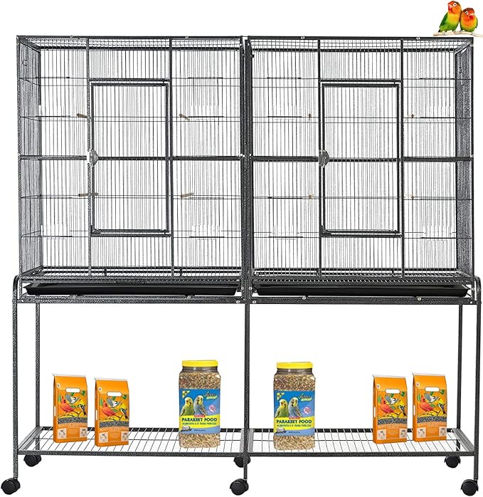EXTRA LARGE Double Breeding Flight Bird Wrought Iron Double Parrot Bird Cage Slide Out Center Divider Side Nesting Box Doors Cockatiel Conure Removalbe Rolling Stand (Black Vein, 63"L x 19"W x 64"H)