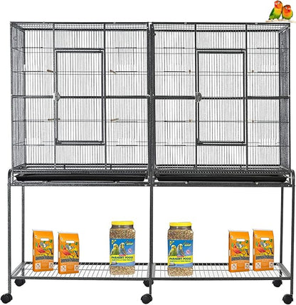 EXTRA LARGE Double Breeding Flight Bird Wrought Iron Double Parrot Bird Cage Slide Out Center Divider Side Nesting Box Doors Cockatiel Conure Removalbe Rolling Stand (Black Vein, 63"L x 19"W x 64"H)