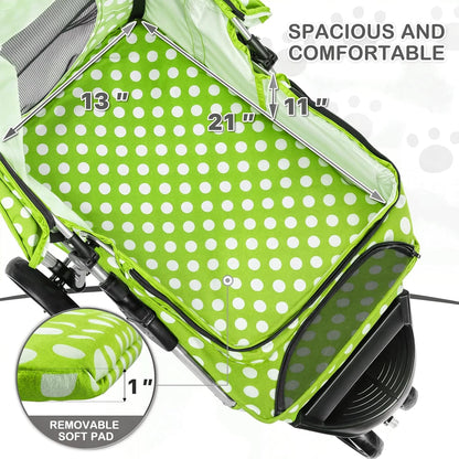 MoNiBloom 3 Wheels Pet Dog Cat Stroller for Small Medium Dogs Cats, Foldable Jogger Stroller w/Storage Basket and Cup Holder, Lawn Green Polka Dots