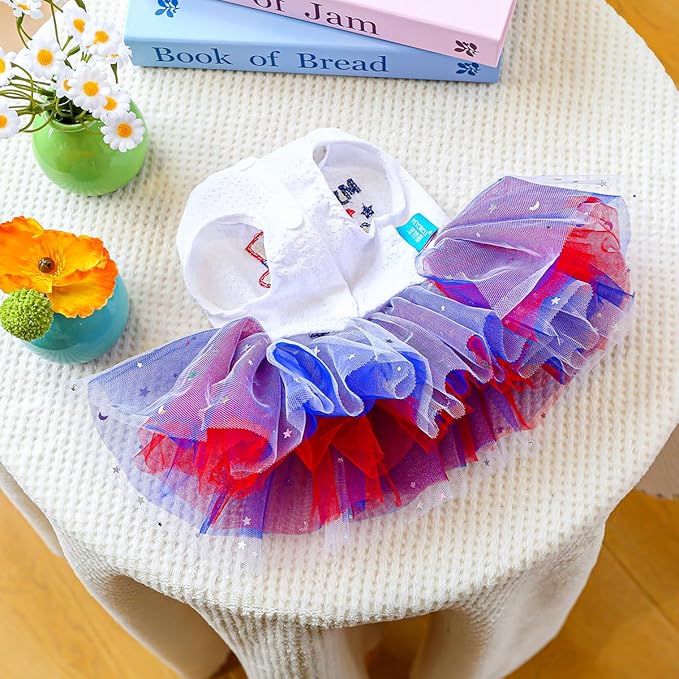ANIAC 4th of July Girl Dog Dress with Stars Independence Puppy Clothes for Small Dog 1st Independent Day Cat Outfit Patriotic Pet Princess Tutu Skirt (Independence, Medium)