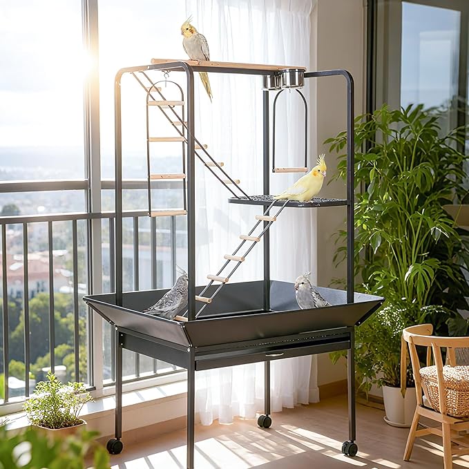 64'' H Inch Birdcage Stand Play Center with Perches and Ladders, Indoor Outdoor Playground for Birds, Bird Playstand w/Rotated Ring Removable Tray, Lockable Caster,Black, for Macaw and Parakeet