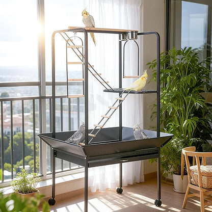 64'' H Inch Birdcage Stand Play Center with Perches and Ladders, Indoor Outdoor Playground for Birds, Bird Playstand w/Rotated Ring Removable Tray, Lockable Caster,Black, for Macaw and Parakeet