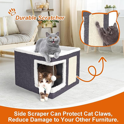 Cat Houses for Indoor Cats - Large Cat Bed Cave with Scratch Pad and Fluffy Ball, Foldable Cat Condo Hideaway with Reversible Cushion for Multi Small Pet, Dark Grey