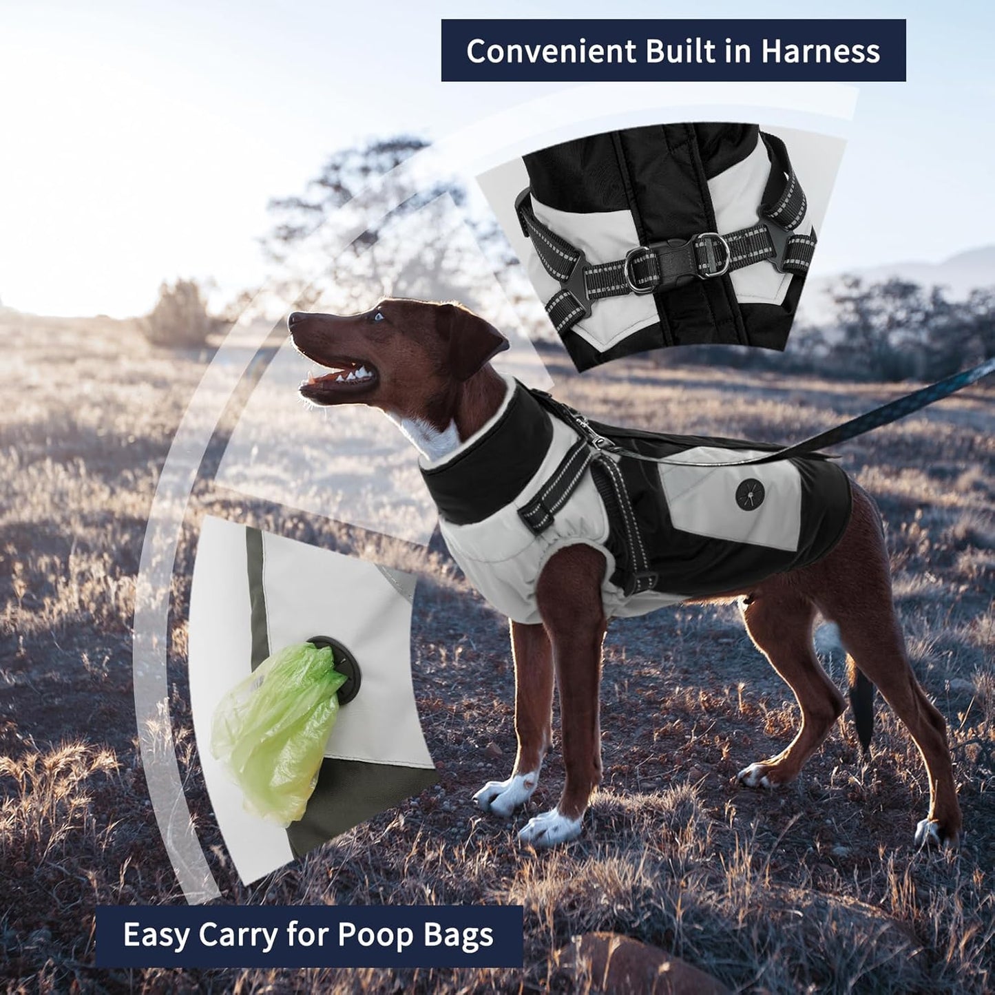IECOii Dog Jacket Winter Harness Built in -Black,XXXLarge- Zip Up Dog Coat Winter Clothes for Large Dogs Waterproof, Dogs Snowsuit Snow Jacket D-Rring Labrador German Shepherd Doberman Rottweiler