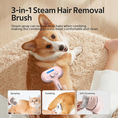 Pet Grooming Brush with Electronic Mist Spray - Gentle Deshedding Tool for Cats & Dogs, Pet Steam Brush，Reduces Shedding, Soft Bristles, Promotes Healthy Coat-Comes with a hair smoothing comb-Red
