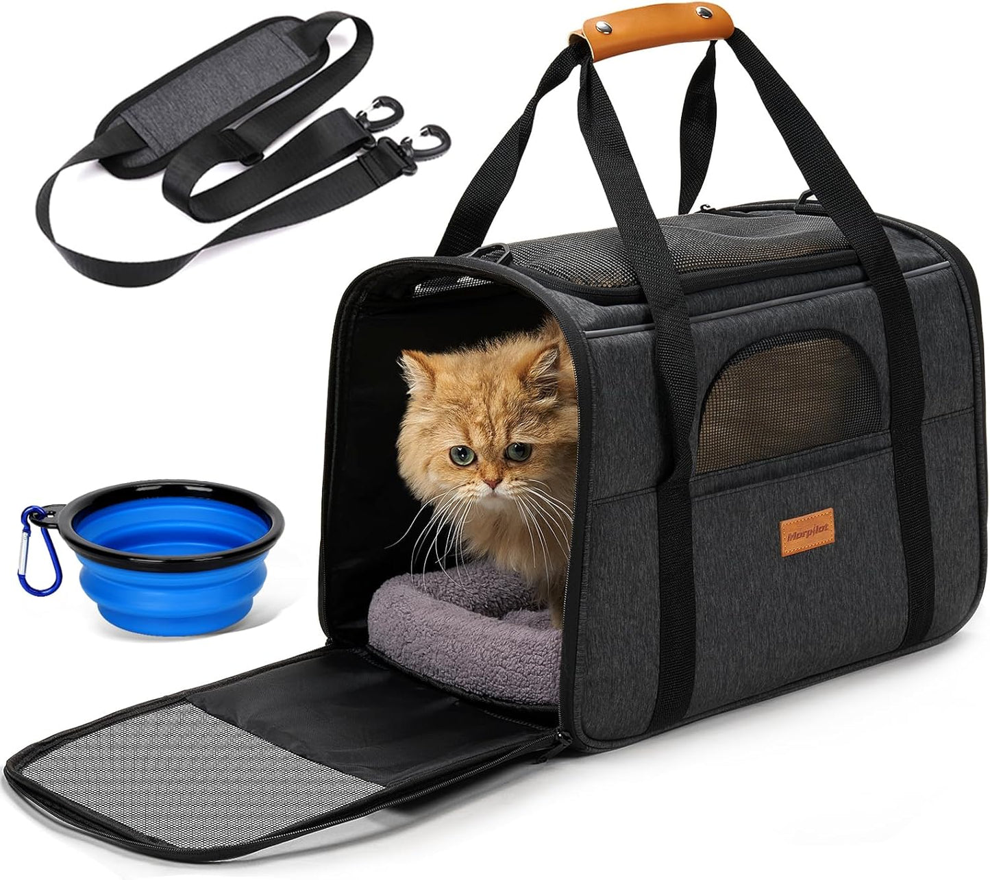 Morpilot Pet Travel Carrier Bag, Soft-Sided Dog Carrier Cat Carrier Pet Carrier (18 x 12.5 x 14 Inches), for Large Cats and Medium Puppies, w/Locking Safety Zippers, Foldable Bowl