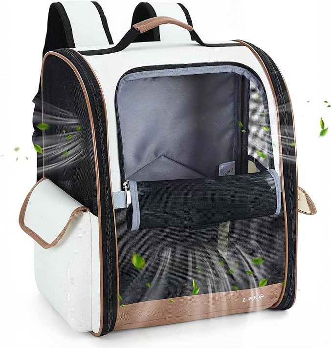Lekereise Ventilated Cat Backpack Carrier, Pet Carrier Backpack Airline Approved for Small Dogs Medium Cats Fit Up to 18 Lbs, Dogs Foldable Backpack Carrier for Travel, Hiking, Beige