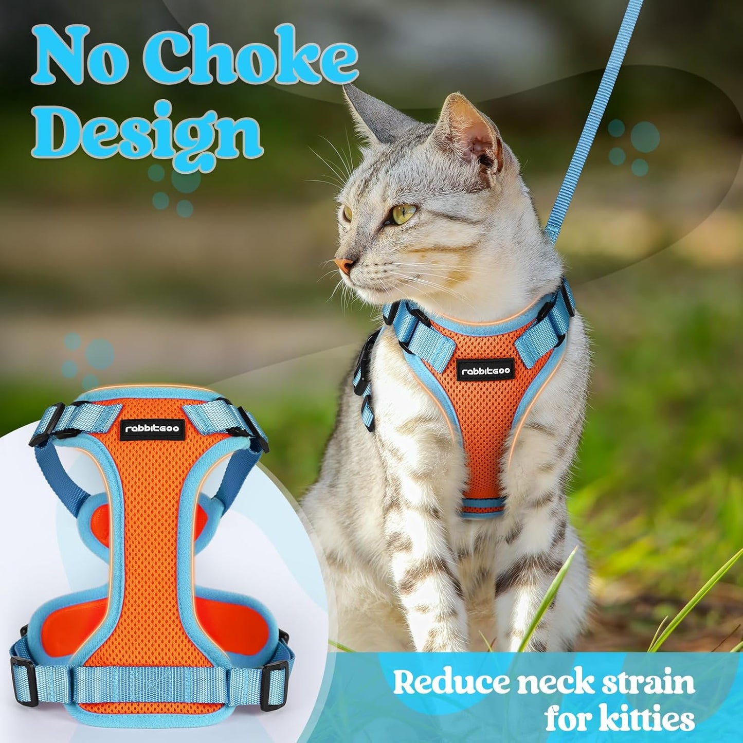 rabbitgoo Cat Harness and Leash Set, Escape Proof Soft Adjustable Vest Harnesses for Outdoor Walking, Easy Control Breathable Kitten Jacket with Reflective Strips, Orange & Light Blue, M