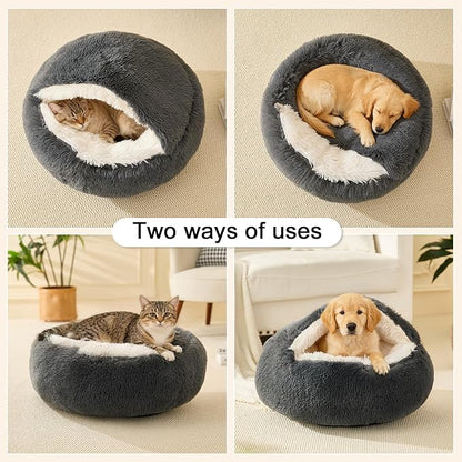 Calming Dog Beds & Cat Cave Bed with Hooded Cover,Removable Washable Round Beds for Small Medium Pets,Anti-Slip Faux Fur Fluffy Coved Bed for Improved Sleep,Fits up to 15/25 lbs(Dark Grey,24"x24")