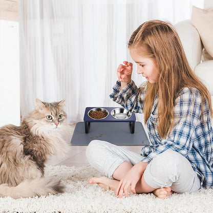 Upgraded Elevated Cat Bowls with Food Mat,15°Tilted Stand Anti Vomiting Raised Cat Dishes for Food and Water,2 Stainless Steel Bowls for Cats and Puppies（Navy Blue）