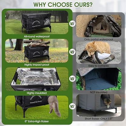 Heated Cat House for Outside Cat in Winter, Insulated Outdoor Feral Cat Shelter with Cat Heating Pad, 2 Doors,Elevated Waterproof Heated Kitty House (Black, 25"x13.7"x18")