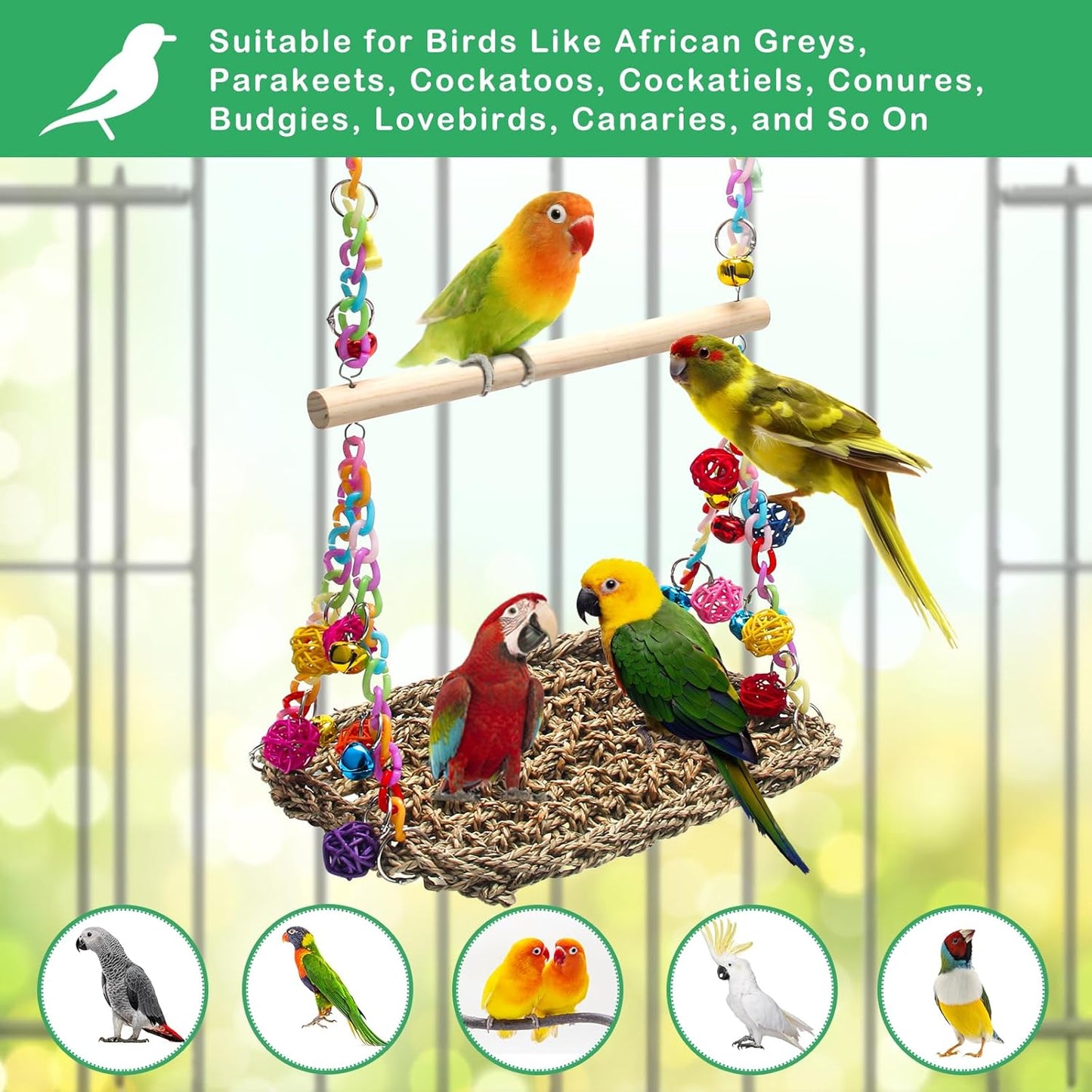 Bird Swing Mat with Wood Perch, AHIER Seagrass Bird Hammock for Conures with Chewing Toy for Parakeets, Budgie, Cockatiel, Lovebird Cage Accessories