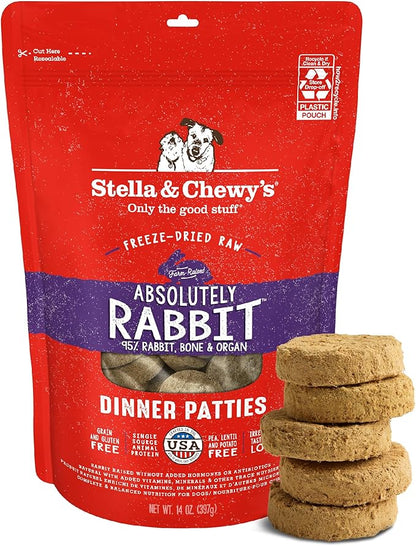 Stella & Chewy's Freeze-Dried Raw Dinner Patties - Absolutely Rabbit Recipe - High Protein Grain-Free Puppy & Dog Food - Perfect For Picky Eaters - 14 oz