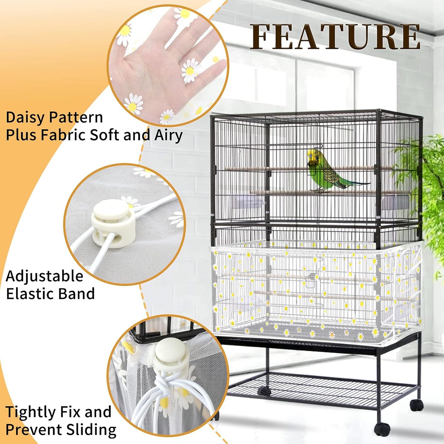 Daoeny Large Bird Cage Cover, Bird Cage Seed Catcher, Adjustable Soft Nylon Mesh Net with Daisy Pattern, Birdcage Cover Skirt Seed Guard for Parrot Parakeet Macaw Round Square Cages (White)