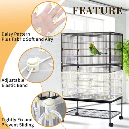 Daoeny Large Bird Cage Cover, Bird Cage Seed Catcher, Adjustable Soft Nylon Mesh Net with Daisy Pattern, Birdcage Cover Skirt Seed Guard for Parrot Parakeet Macaw Round Square Cages (White)
