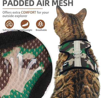 PUPTECK Cat Harness and Leash Set Escape Proof, Reflective Adjustable Soft Mesh Kitten Vest Harness for Walking Travel, Camouflage, M