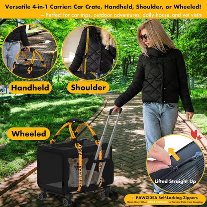 PAWZIDEA Expandable Large Pet Carrier with Wheels, 24x16x16 in Rolling Cat Carrier for 2–4 Cats up 55lb, Soft-Sided Collapsible Small Medium Dog Crate for Car Travel, Telescopic Handle, Storage Pocket